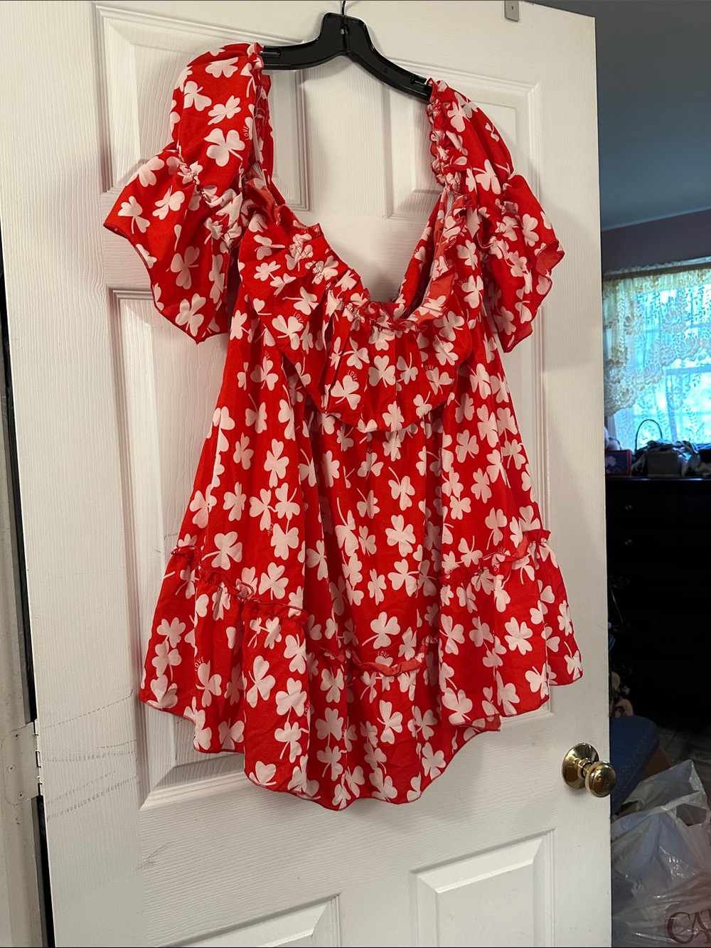 Red Floral Ruffle strapless with off the shoulder sleeves dress
